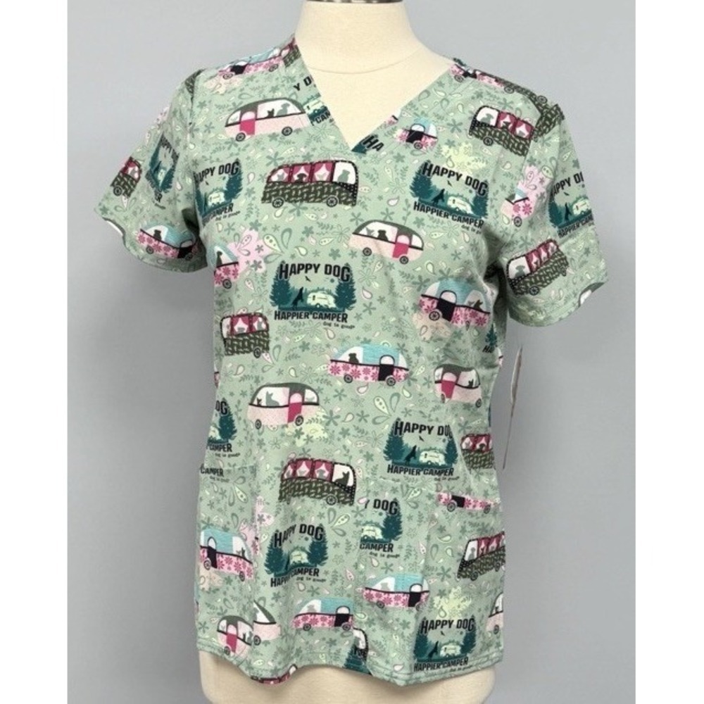 NWT Cherokee Dog Is Good Scrub Top XL Green Happy Camper Dogs Scrubs Vet Tech